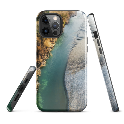 Phone case with aerial riverbend artwork and earthy tones, designed by New Zealand artist Ben Hart.