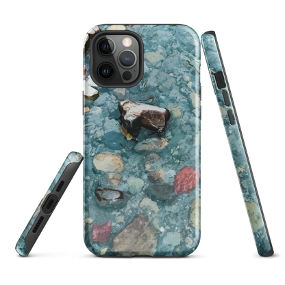 Washed Away designer phone case with abstract river stone artwork in earthy blues and natural tones.