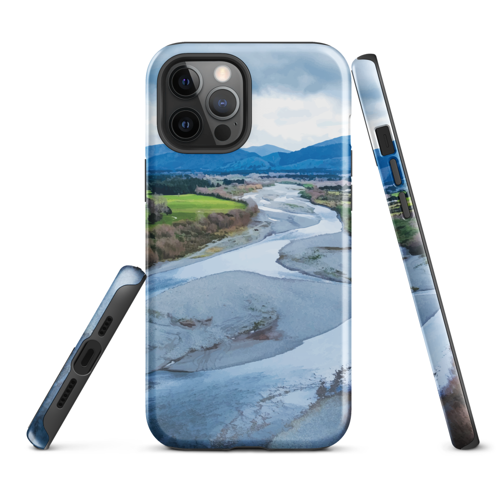 Waiohine phone case featuring artwork of New Zealand’s braided riverbed landscape in the Wairarapa.