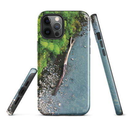 Resting Place phone case with aerial artwork of river rocks, green bush, and driftwood in a New Zealand stream.