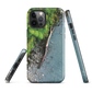 Resting Place phone case with aerial artwork of river rocks, green bush, and driftwood in a New Zealand stream.