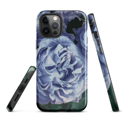 Designer phone case with a bold blue rose artwork and glossy finish.