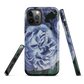 Designer phone case with a bold blue rose artwork and glossy finish.