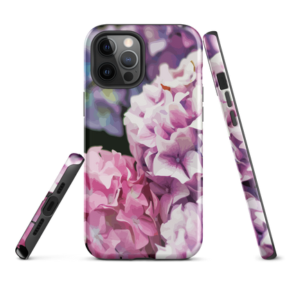Designer phone case with pink and purple hydrangea floral artwork.