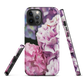 Designer phone case with pink and purple hydrangea floral artwork.