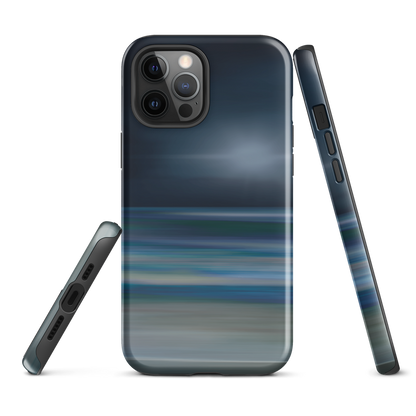 Dark abstract phone case with blue and grey streaks and glossy finish.
