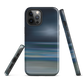 Dark abstract phone case with blue and grey streaks and glossy finish.
