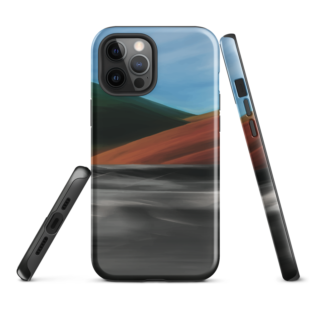 Phone case with abstract red, green, and blue heat wave landscape design.