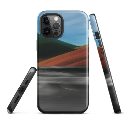 Phone case with abstract red, green, and blue heat wave landscape design.