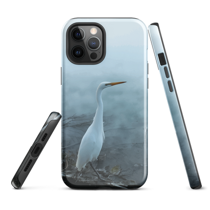 Phone case with a white heron standing in a misty wetland scene.