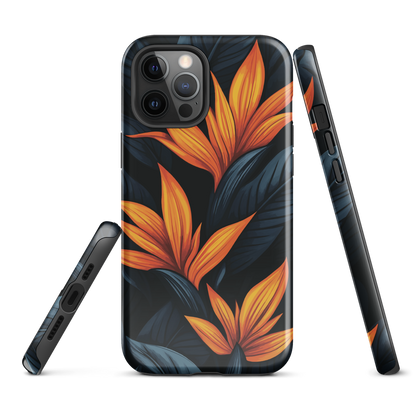 Phone case with bold orange bird of paradise flowers on dark background.