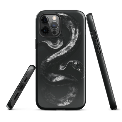 Phone case with detailed black python design on dark background.
