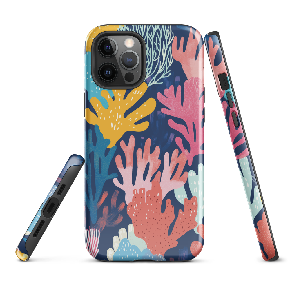 Colourful coral reef phone case design in pink, blue and yellow by NZ artist Ben Hart
