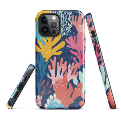 Colourful coral reef phone case design in pink, blue and yellow by NZ artist Ben Hart