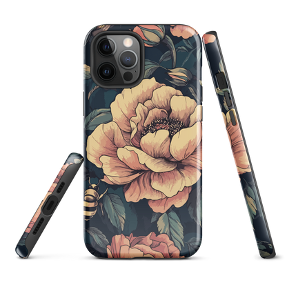 Phone case with vintage-style pink roses and bees on dark background, floral New Zealand artwork.