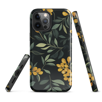 NZ Kowhai phone case with native yellow floral and green leaves on black background by designer Ben Hart.