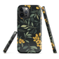 NZ Kowhai phone case with native yellow floral and green leaves on black background by designer Ben Hart.