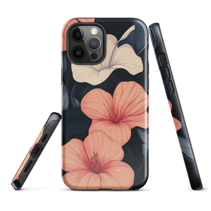 Phone case with coral hibiscus flowers and ivory blooms on dark background