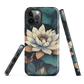 Phone case with ivory water lily, green leaves, and butterfly accents on dark background