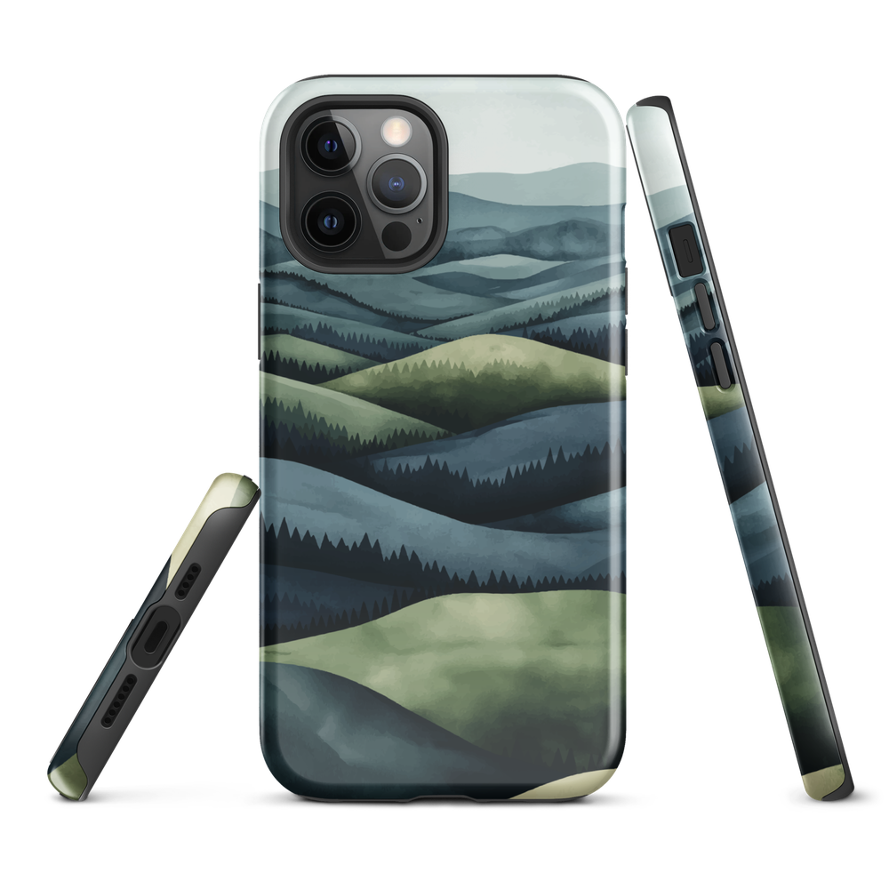 Phone case with layered mountain and forest landscape in blue and green hues