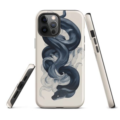 Phone case with black python and smoke design on cream background