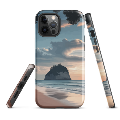 Phone case with Cathedral Cove beach and sunset scene, featuring soft skies and sea stack
