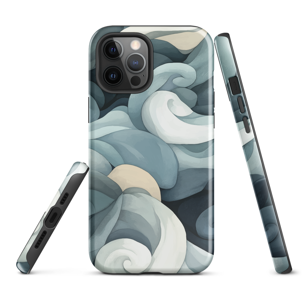Phone case with abstract swirling ocean waves in blue and cream
