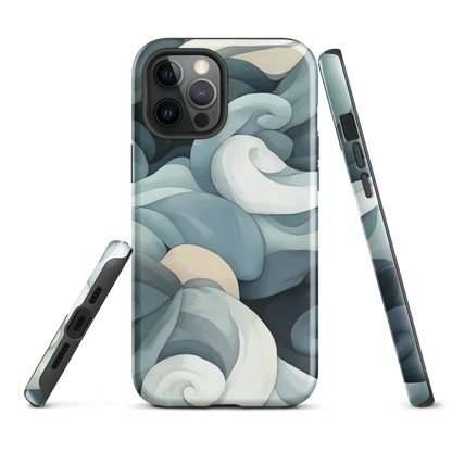 Phone case with abstract swirling ocean waves in blue and cream