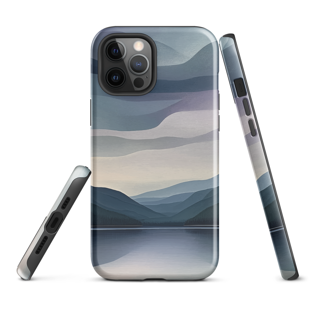 Phone case with moody blue and purple layered mountain and lake landscape artwork