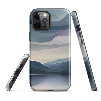 Phone case with moody blue and purple layered mountain and lake landscape artwork