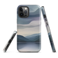 Phone case with moody blue and purple layered mountain and lake landscape artwork