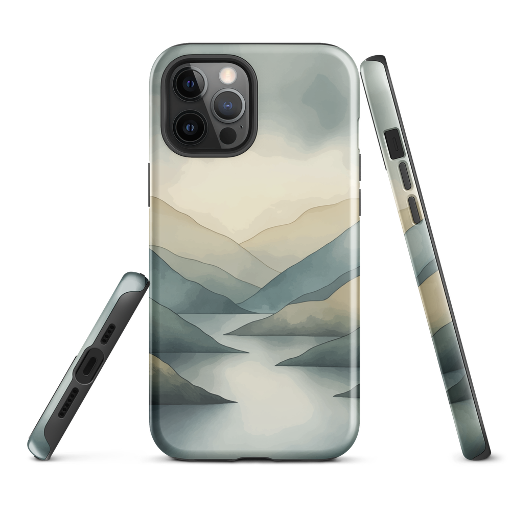 Phone case with soft mountain and valley design in misty green, blue, and golden tones