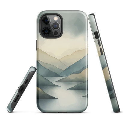Phone case with soft mountain and valley design in misty green, blue, and golden tones