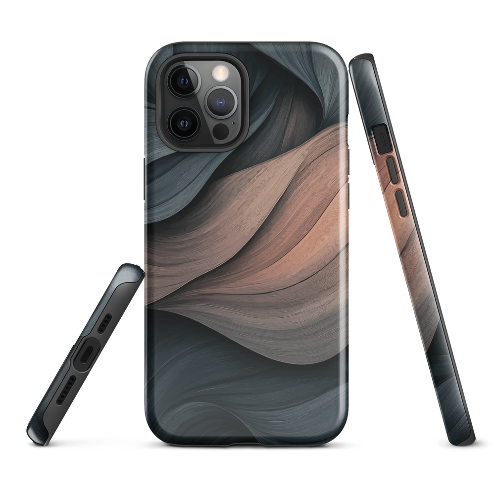 Phone case with flowing abstract design in black, copper and charcoal tones, inspired by dusk shadows