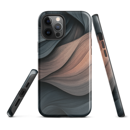 Phone case with flowing abstract design in black, copper and charcoal tones, inspired by dusk shadows