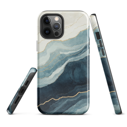 An elegant abstract phone case inspired by layered coastal forms in blue and teal tones.