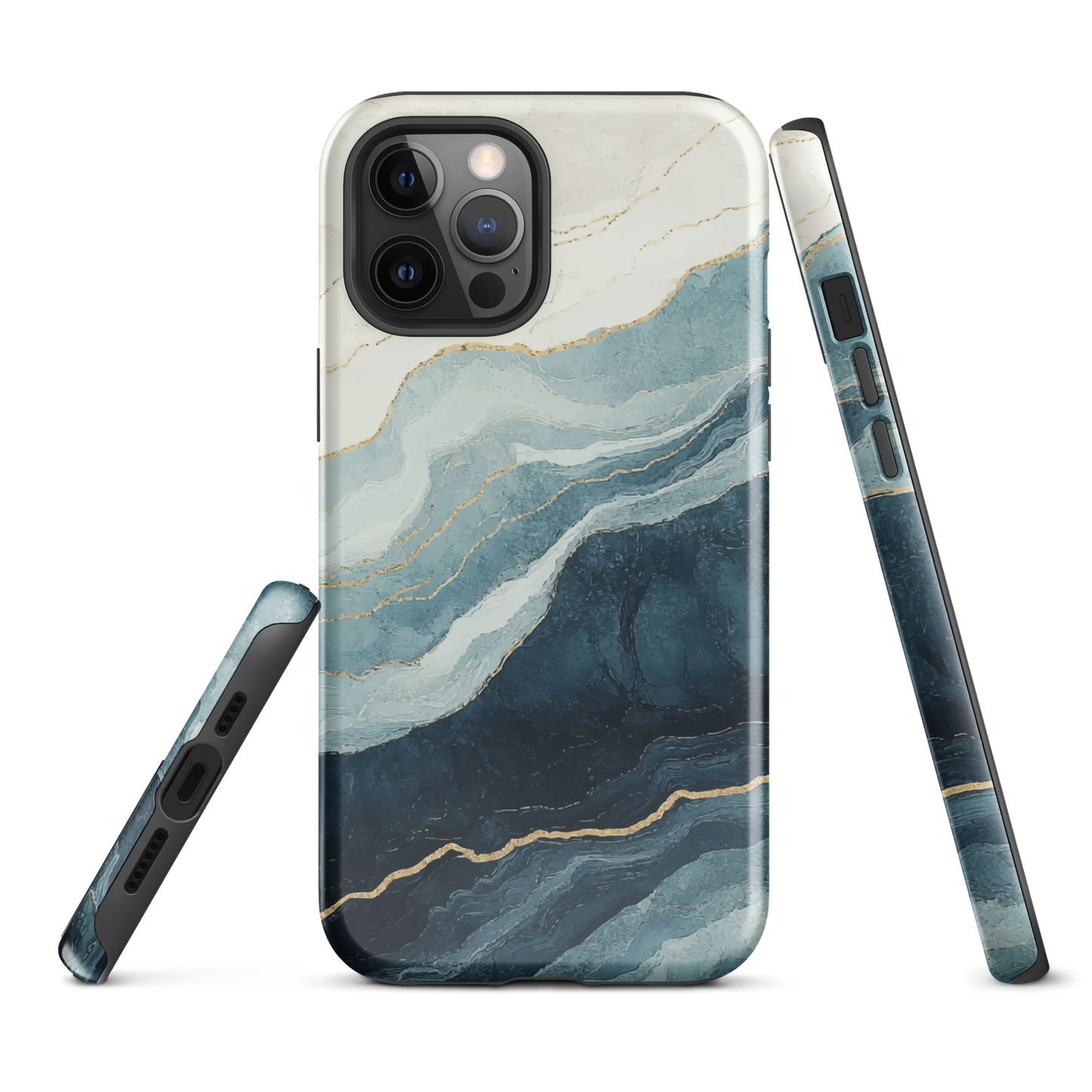 An elegant abstract phone case inspired by layered coastal forms in blue and teal tones.