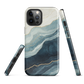 An elegant abstract phone case inspired by layered coastal forms in blue and teal tones.