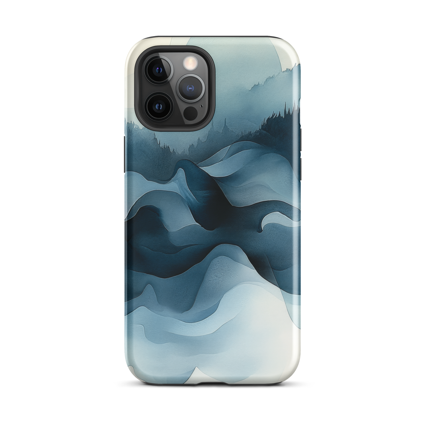 A calming abstract landscape protective phone case inspired by quiet valleys and soft blue tones.