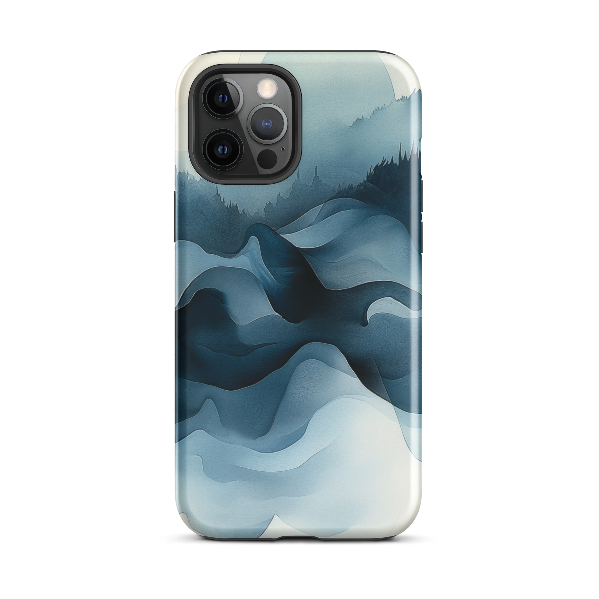 A calming abstract landscape protective phone case inspired by quiet valleys and soft blue tones.