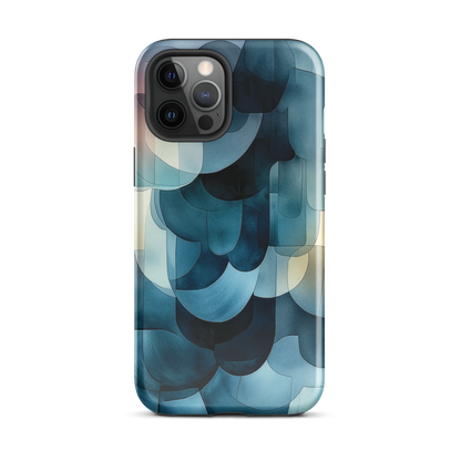 A modern abstract phone case featuring layered blue forms and soft flowing shapes.