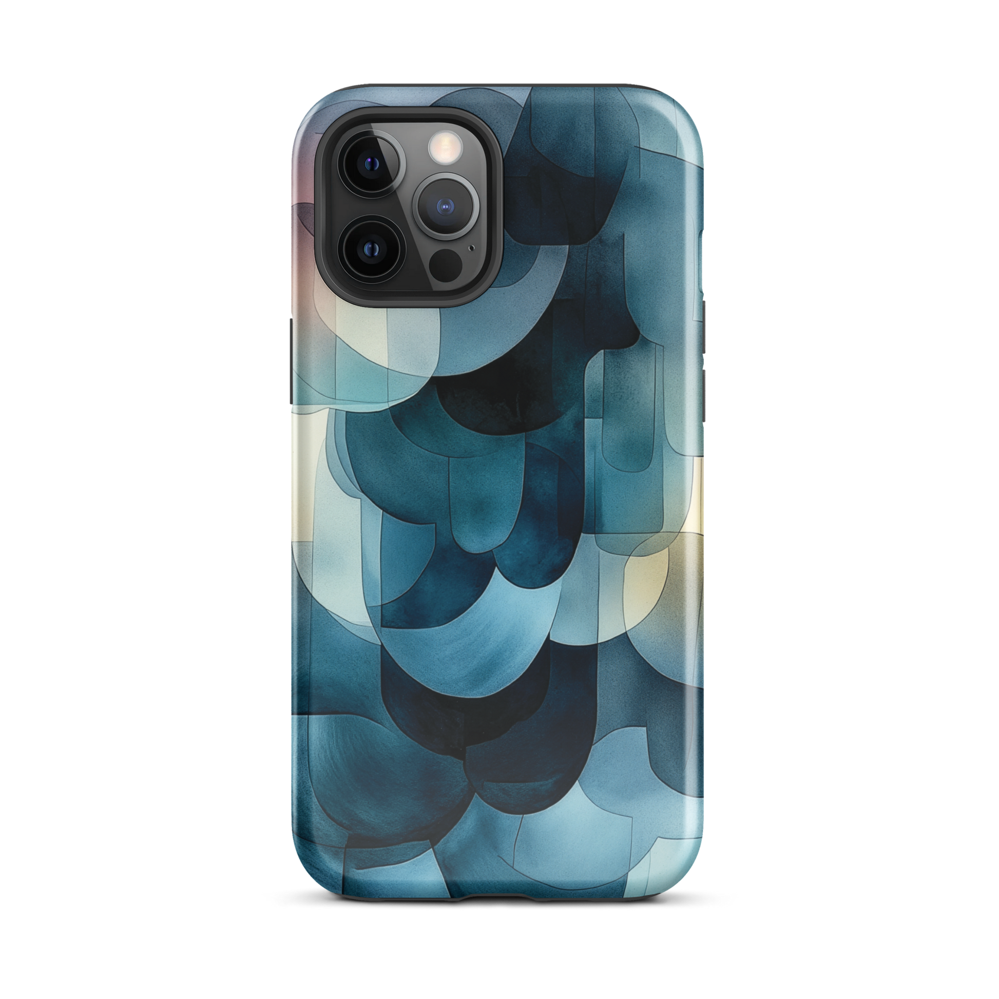 A modern abstract phone case featuring layered blue forms and soft flowing shapes.