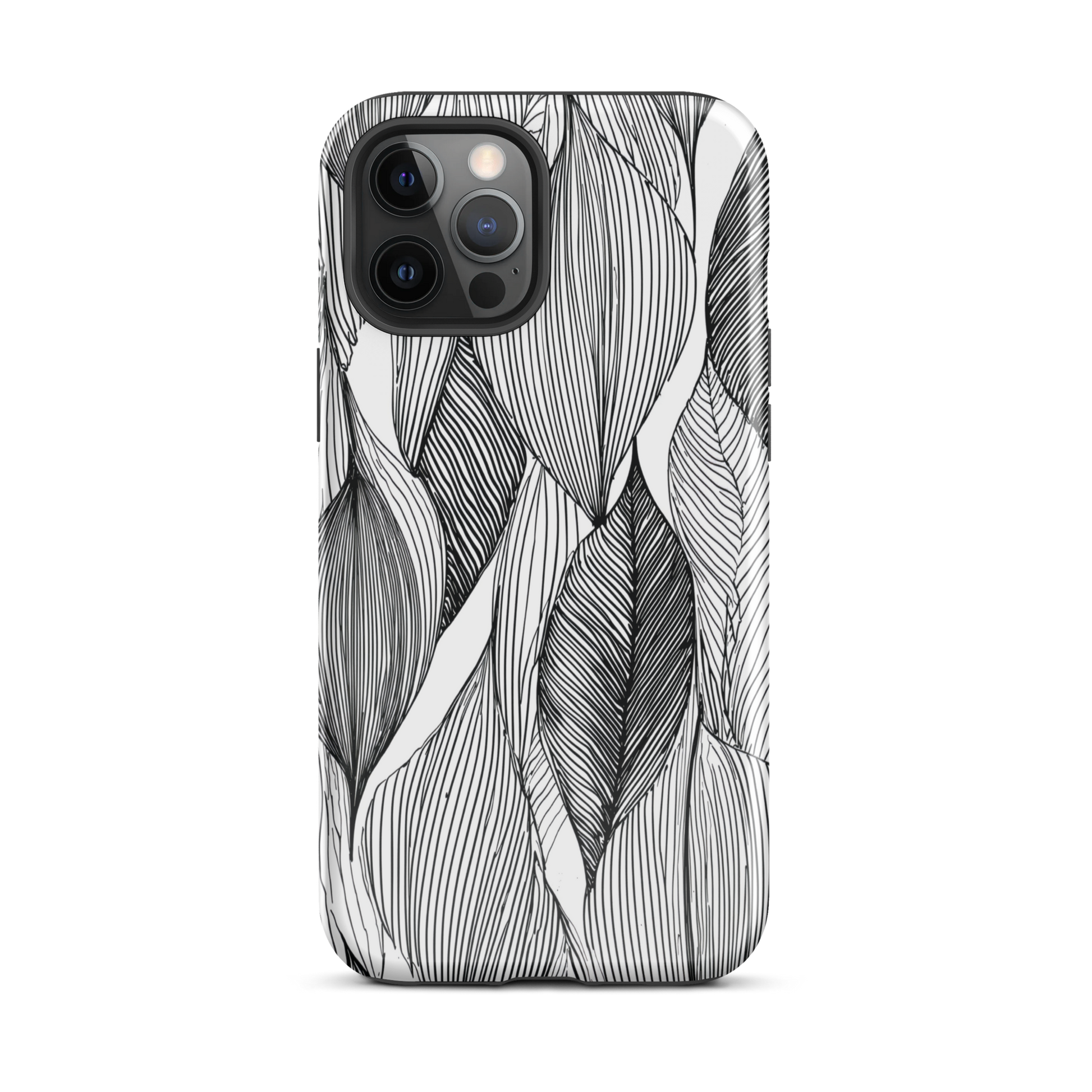 A minimalist phone case featuring fine black botanical linework in a repeating leaf pattern.