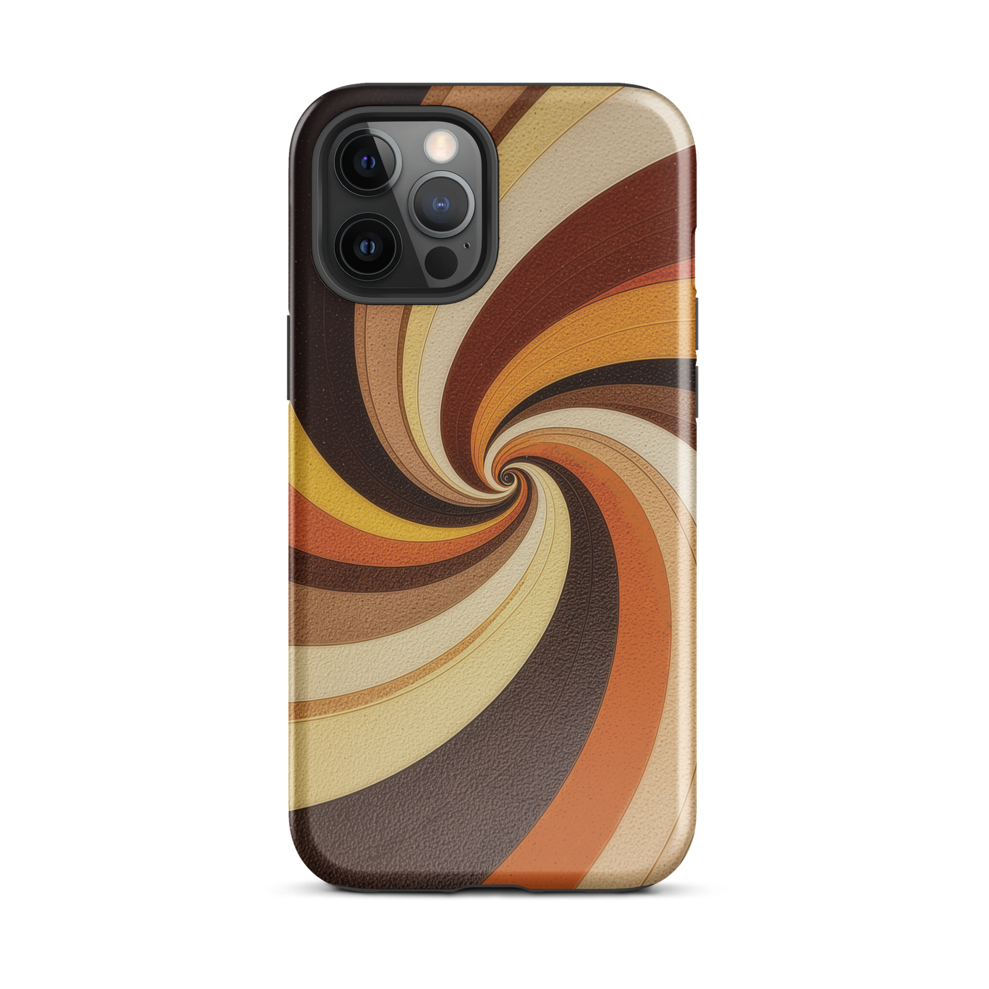 A retro-inspired phone case featuring warm swirling patterns in orange, yellow, and brown tones.