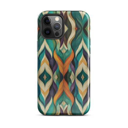 A bold geometric phone case featuring layered shapes in rich, earthy tones.