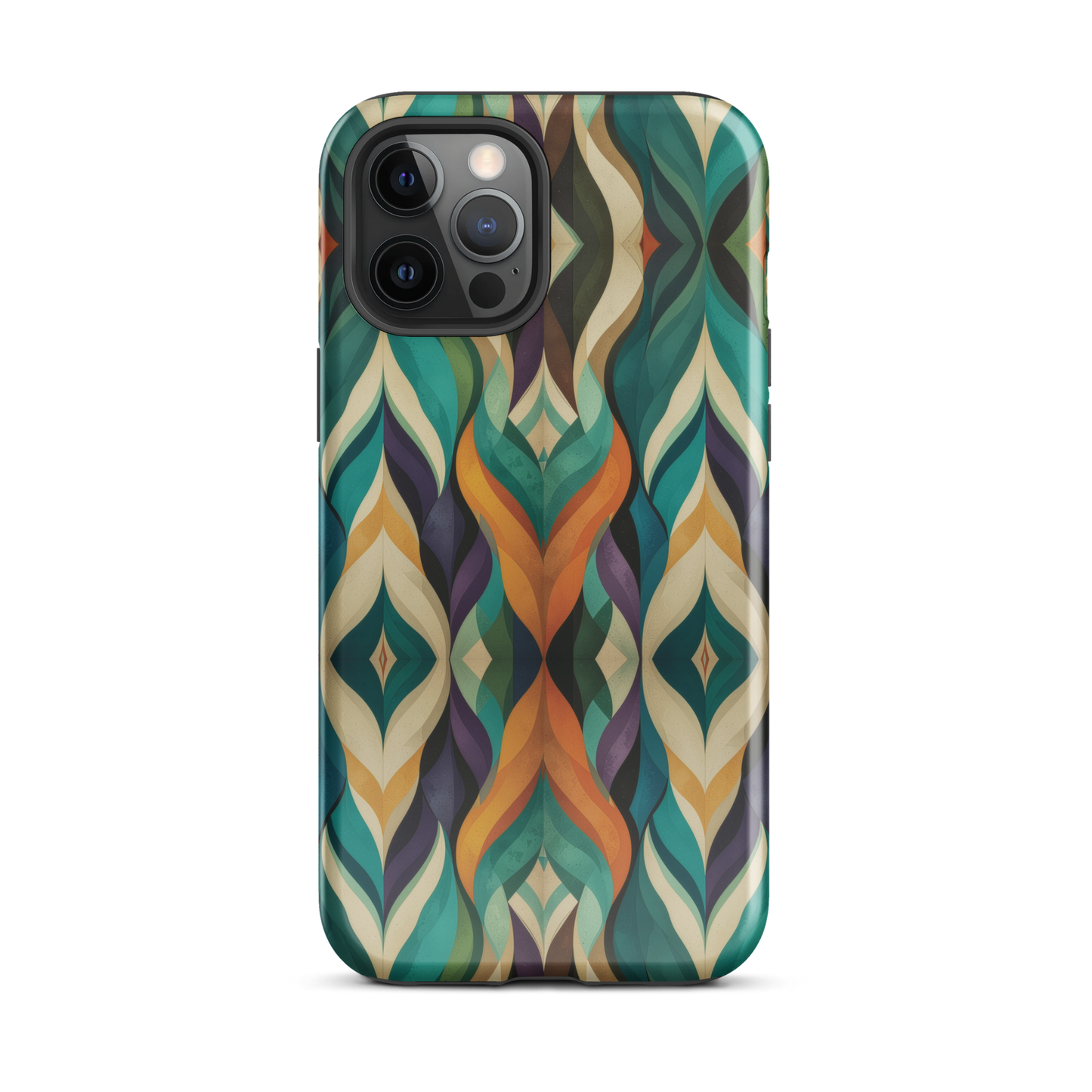 A bold geometric phone case featuring layered shapes in rich, earthy tones.