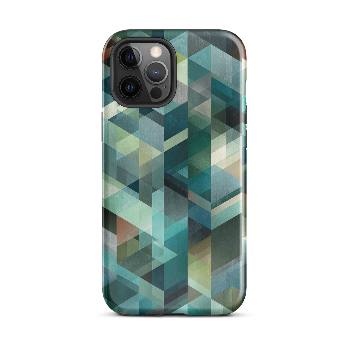 Modern abstract geometric phone case in teal and blue tones with layered retro-inspired shapes.
