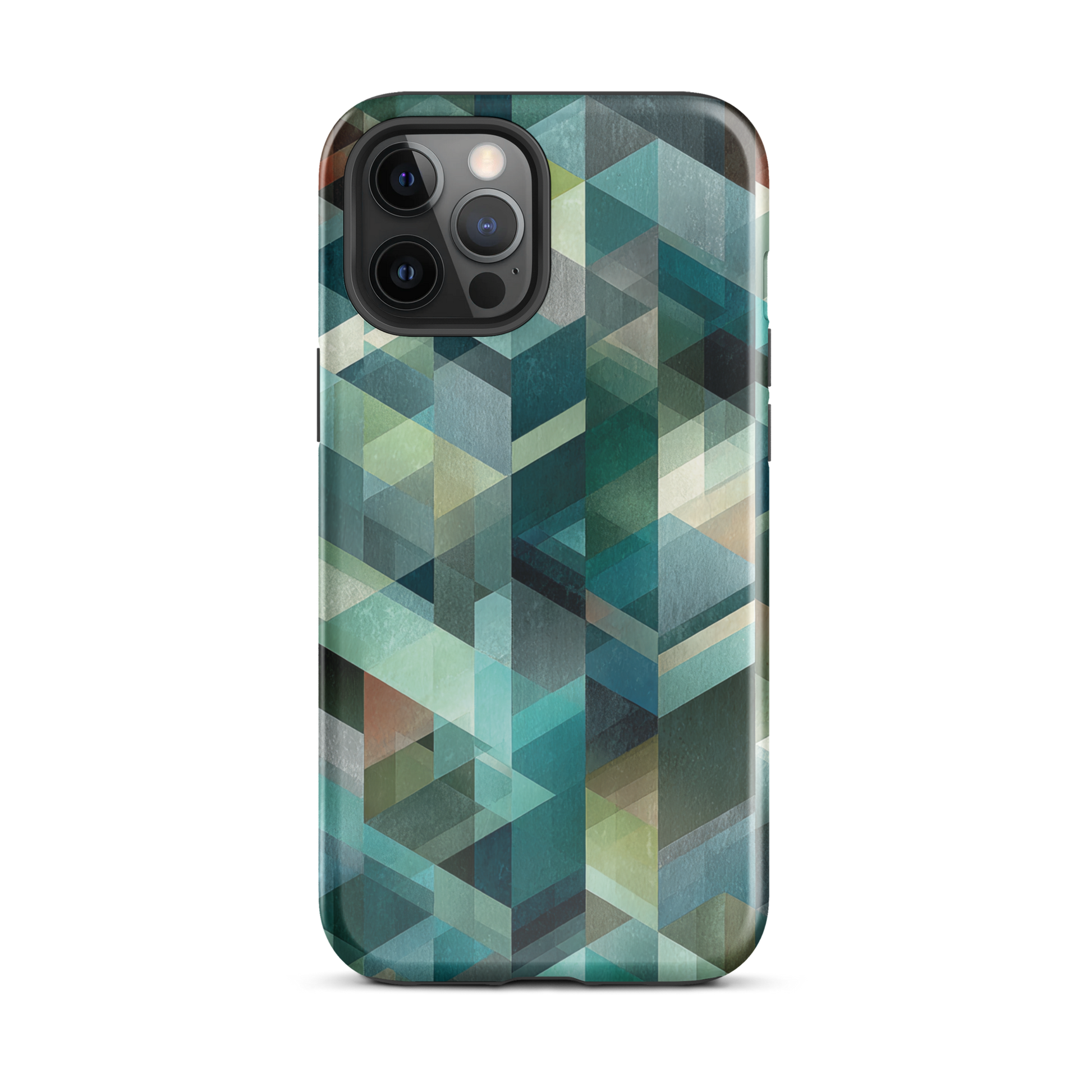 Modern abstract geometric phone case in teal and blue tones with layered retro-inspired shapes.