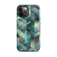 Modern abstract geometric phone case in teal and blue tones with layered retro-inspired shapes.