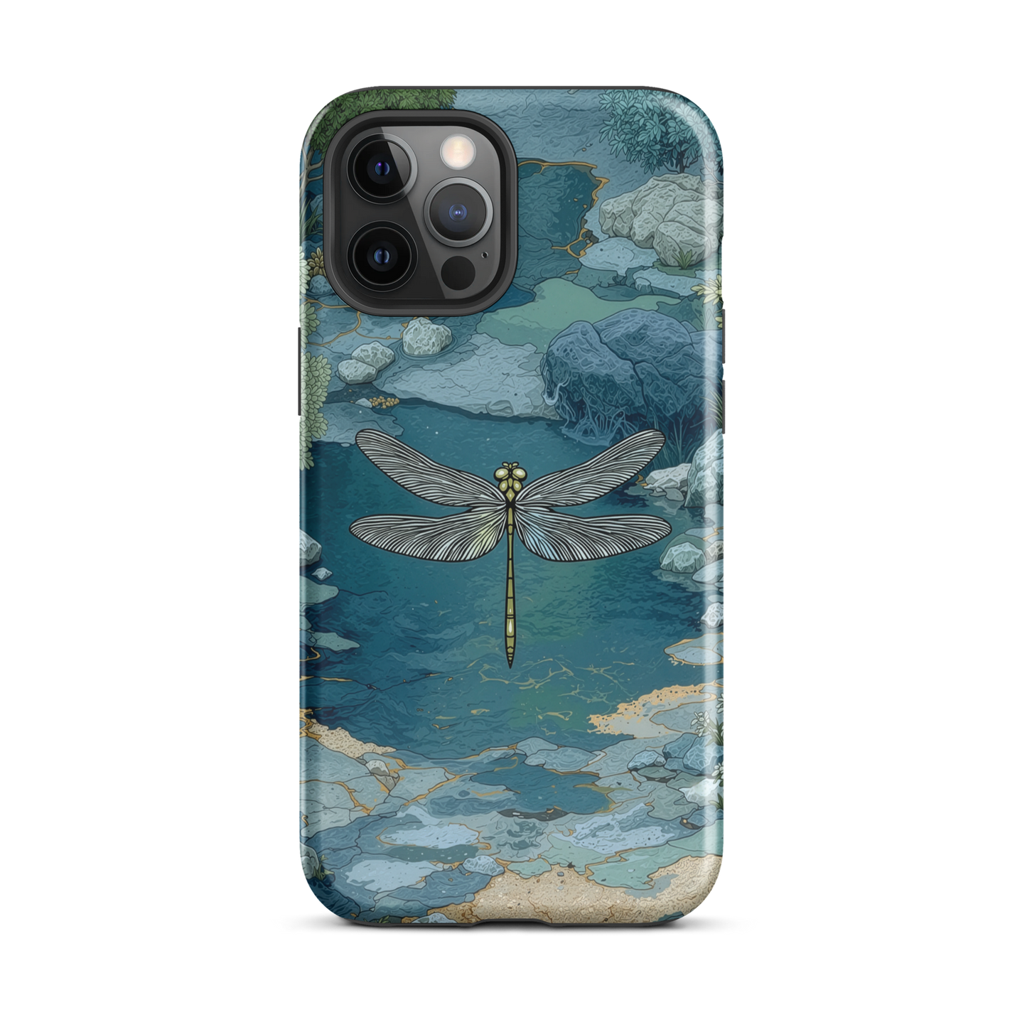 Nature-inspired phone case featuring a dragonfly over calm water with blue and green forest tones.